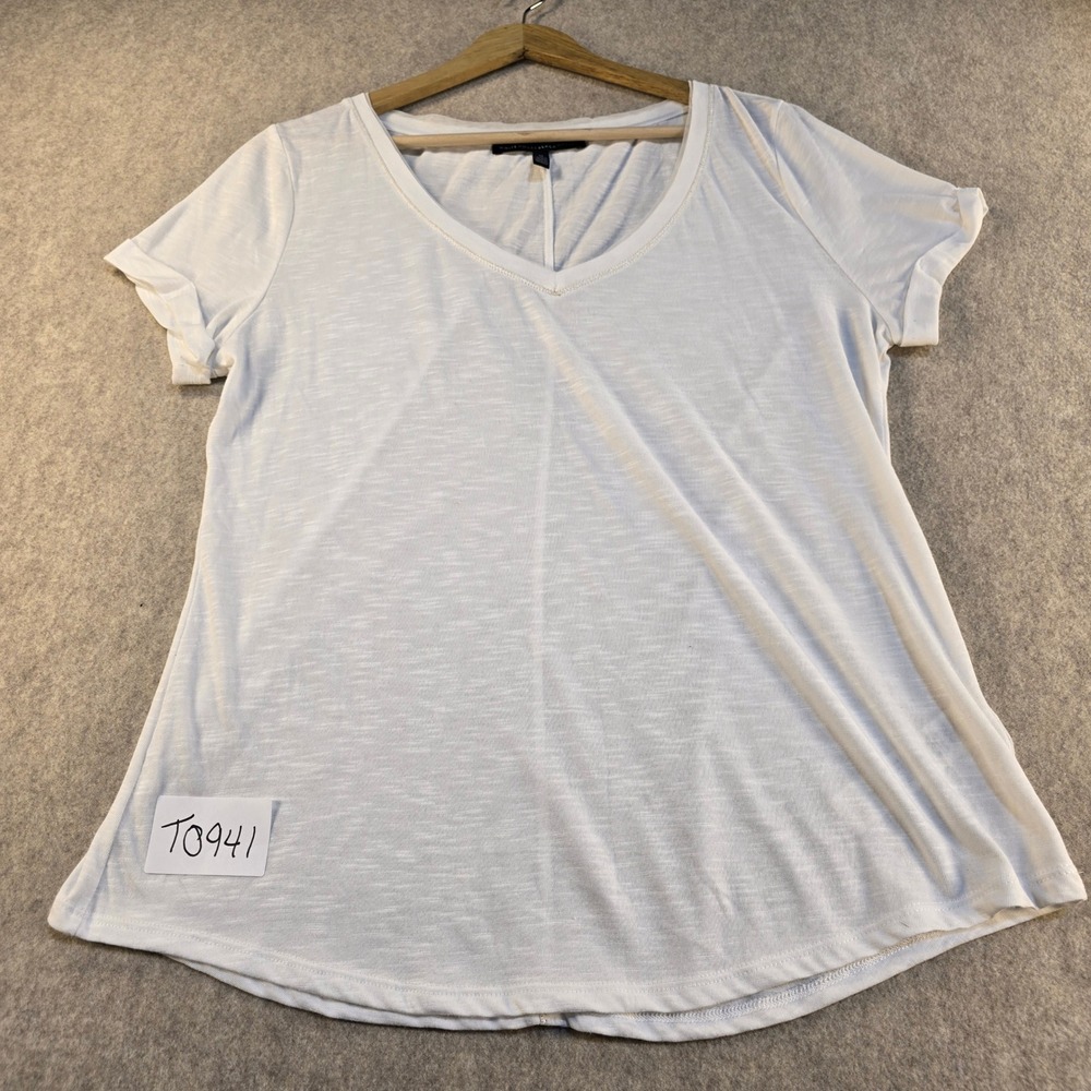 White House Black Market Womens White Slub Knit V-Neck Cuffed Sleeve Tee Size M